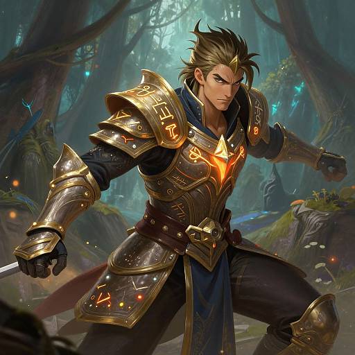 Digital fantasy artwork of a muscular, dark-haired warrior with spiky hair, glowing orange armor, and a determined expression in a mystical forest.