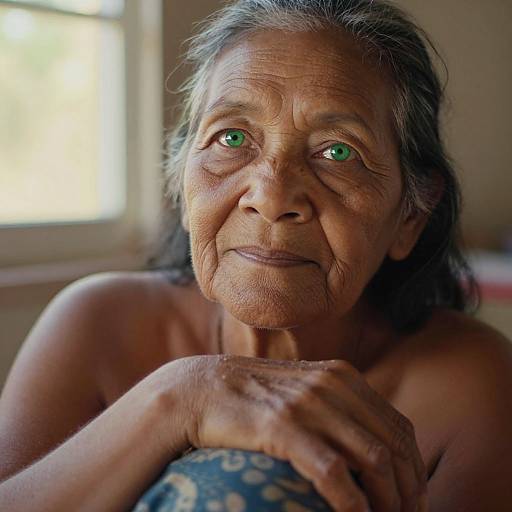 Photograph of an elderly woman with deep wrinkles, green eyes, gray hair, and bare shoulders, holding a blue patterned cloth, sunlight from a