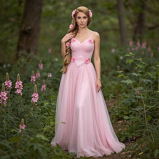 Photograph of a fair-skinned woman with long blonde hair, wearing a pink, floral-embellished, strapless ball gown, standing in