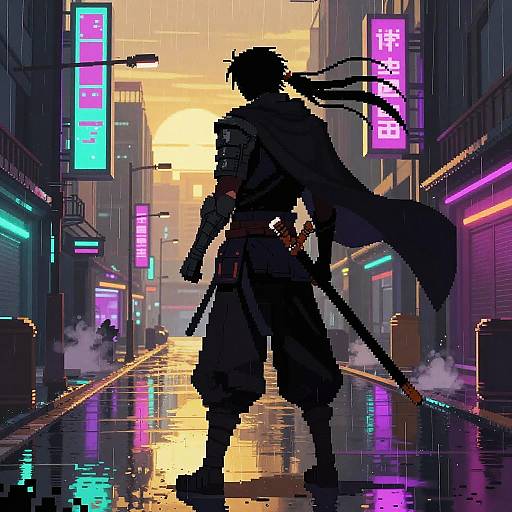 Pixel Anime Android Samurai at Neon Alley