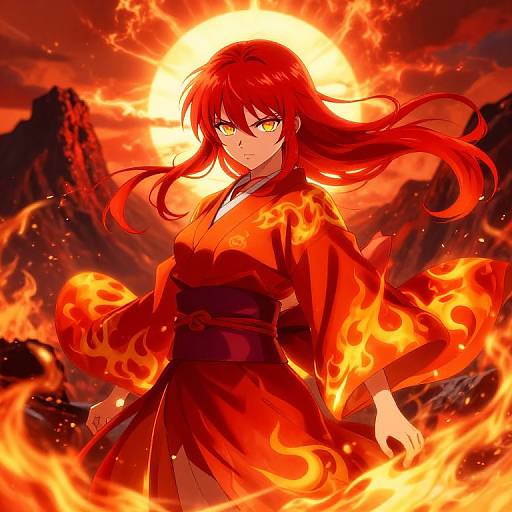 Anime-style digital artwork of a red-haired woman with intense yellow eyes, surrounded by fiery flames, wearing a red kimono, against a dramatic mountainous
