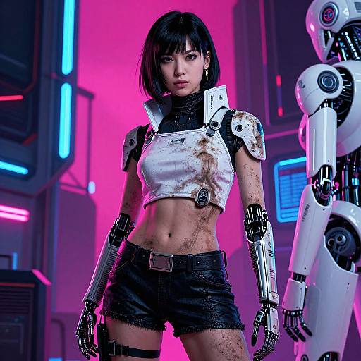 Cyberpunk woman with black bob, white armored crop top, black shorts, robotic arms, and glowing neon background, stands beside a white robot.