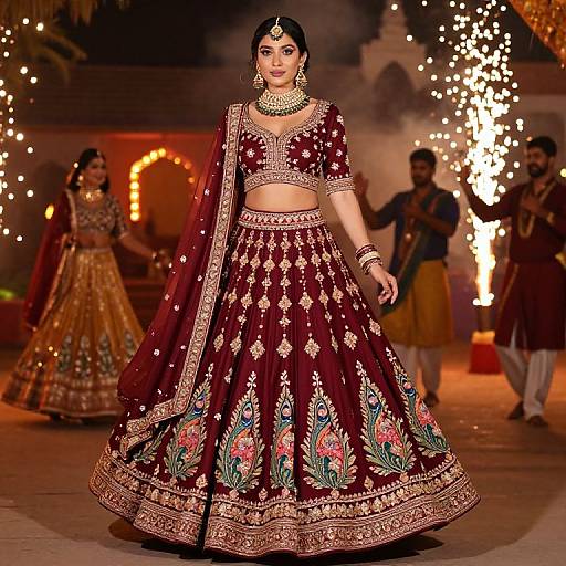 Maroon Lehenga with Peacock Motifs