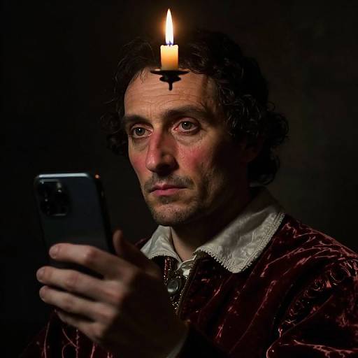 Photograph of a middle-aged man with curly hair, wearing a red velvet shirt, holding a phone, with a candle on his head, in a