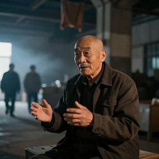 Elderly Man in Industrial Warehouse Scene