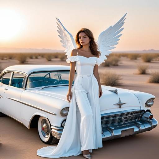 Woman with Angel Wings by Vintage Car in Desert