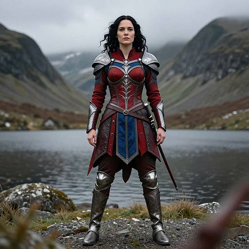 Photograph of a woman with wavy black hair, wearing red and silver medieval armor, standing confidently by a misty lake in a mountainous landscape