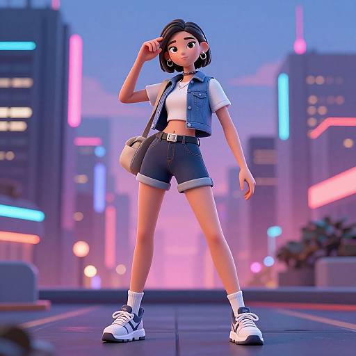 Stylized Slim Character in Neon City