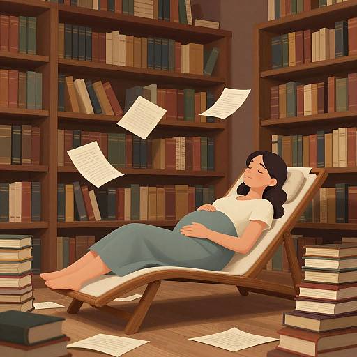 Digital illustration of a pregnant woman with black hair, white shirt, and blue skirt, reclining on a wooden lounge chair in a library, surrounded by