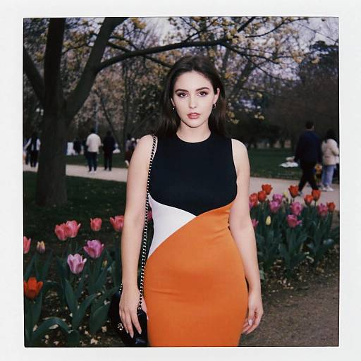 Photograph of a fair-skinned woman with dark hair, wearing a black and orange dress, standing in a park with blooming tulips and trees