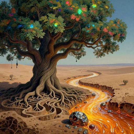 Fantastical digital art: giant tree with colorful lights, sprawling roots, glowing river, desert landscape, and metallic orbs on the ground.
