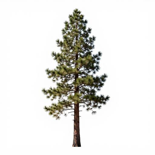 Photograph of a tall, slender pine tree with green needles, textured brown trunk, and white background, isolated and centered.