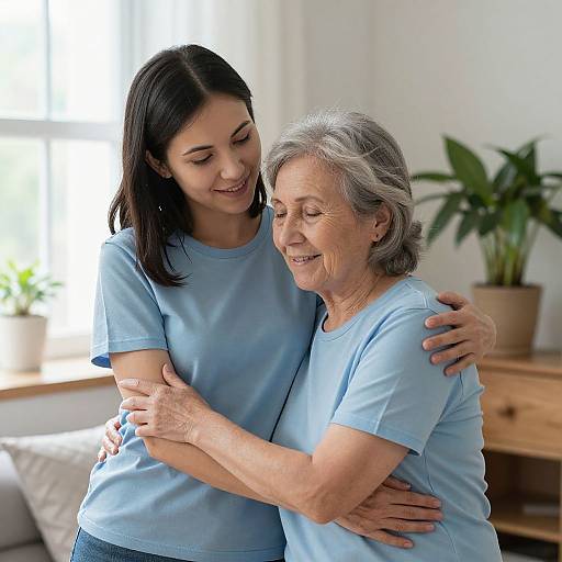 Photograph of a young woman with dark hair hugging an elderly woman with gray hair, both wearing light blue shirts, smiling in a bright, cozy