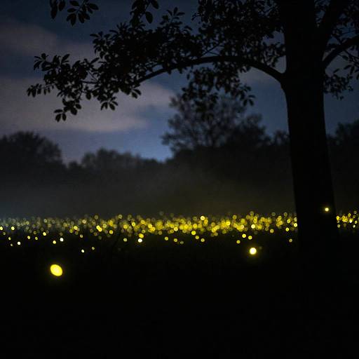 Glowing Fireflies in Foggy Forest