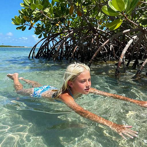 Photograph of a blonde, fair-skinned child in a blue bikini, swimming with outstretched arms under vibrant green mangrove trees in clear,
