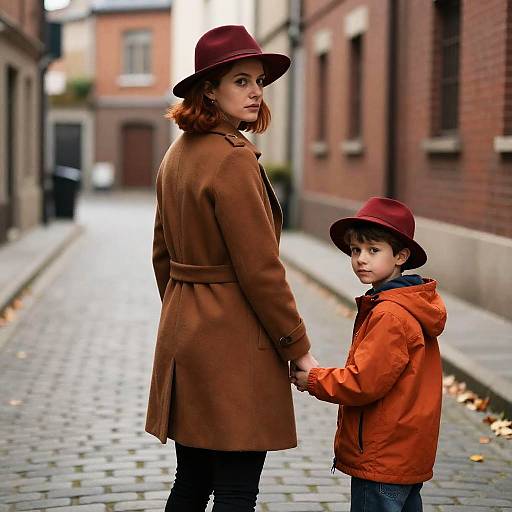Serious Mother and Son in Cobblestone Alley
