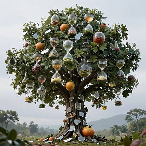 Photograph of a lush apple tree adorned with hanging wine glasses and oranges, set against a hazy mountainous landscape.
