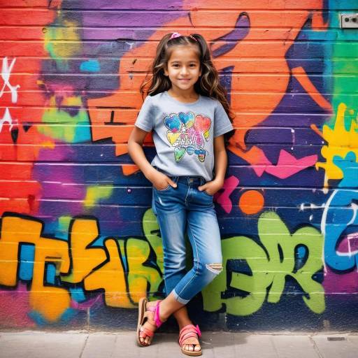 Young Girl in Denim Outfit Standing by Graffiti Wall