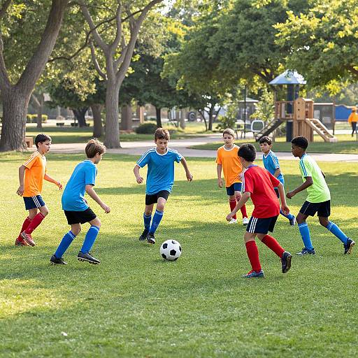 Photograph of seven young boys playing soccer on a sunny grassy field, wearing colorful jerseys (blue, orange, green, red), chasing a black