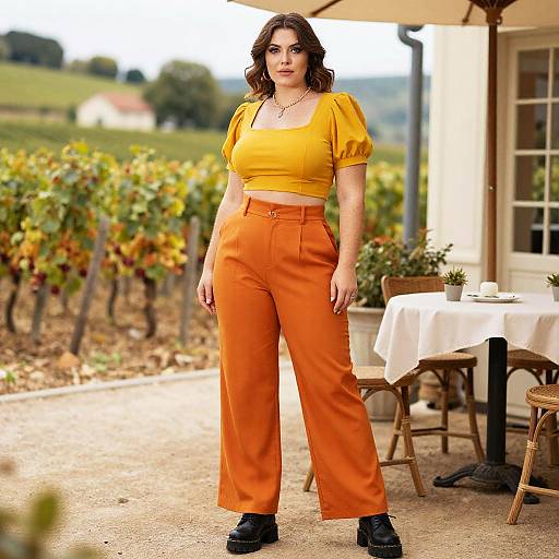 Retro Chic Plus-Size Fashion in Vineyard Cafe
