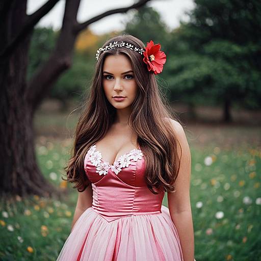 Young Woman in Pink Dress with Floral Headpiece Outdoors