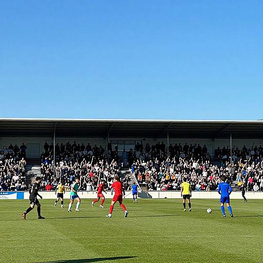 Photograph of a soccer match with vibrant colors: players in red, blue, black, and yellow uniforms on green grass, against a backdrop of cheering