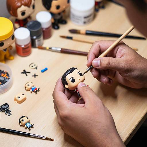 Photograph of hands painting a small, black-haired LEGO Minifigure head with a paintbrush on a wooden table, surrounded by paint bottles, other