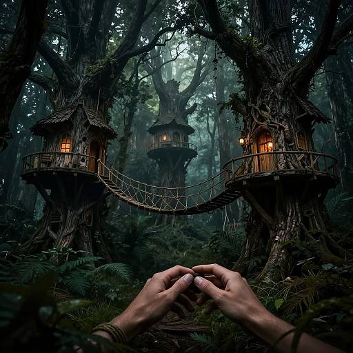Photograph of a mystical forest with two wooden treehouses connected by a rope bridge, illuminated by warm lights, seen from a pair of hands in the