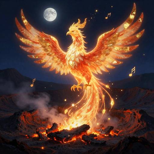 Moonlit Phoenix Rising from Smoldering Embers