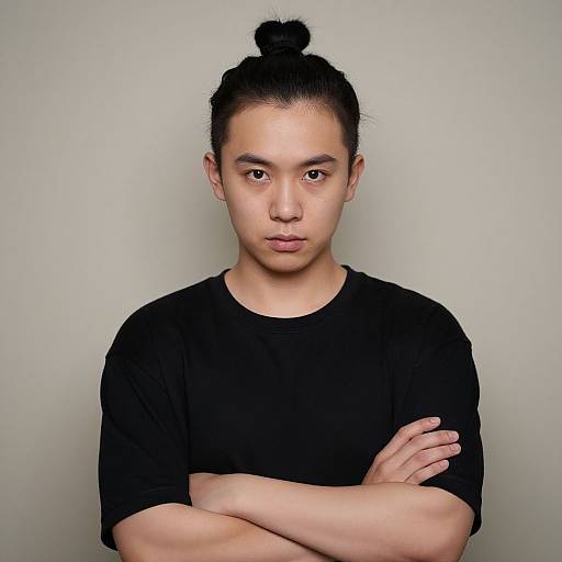 Photograph of a young Asian man with a top bun, black shirt, and arms crossed, standing against a plain gray background.