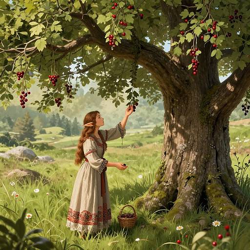 Digital painting of a fair-skinned, long-haired woman in a white, embroidered dress, picking red grapes from a lush tree in a sunlit,