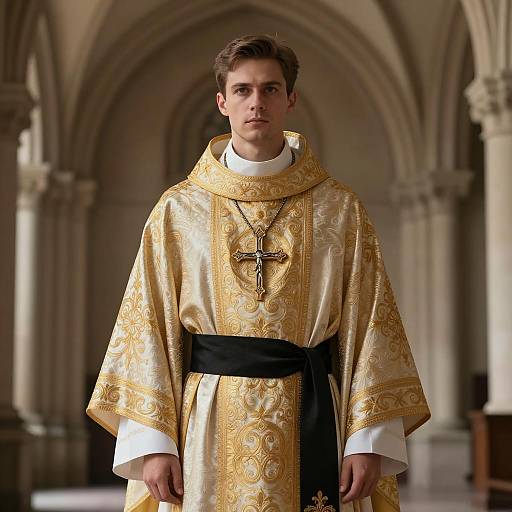 Young Priest in Ornate Gold and White Robes