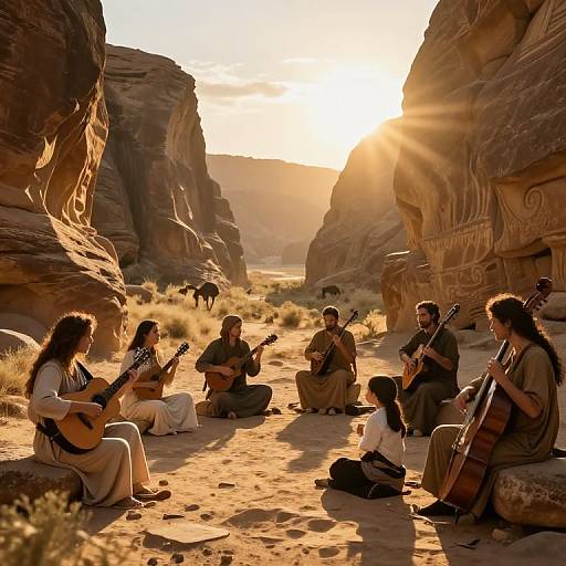 Photograph of six musicians, including a child, playing instruments in a sunlit, desert canyon with large, rocky cliffs and a horse in the background