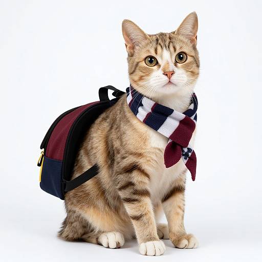 Photograph of a cute, brown tabby kitten with white chest and paws, wearing a plaid scarf and a maroon backpack, against a