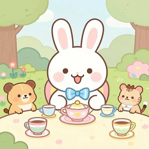 Cute digital illustration of a white bunny with a blue bowtie, sitting at a table with two small dogs, having tea in a colorful, sunny