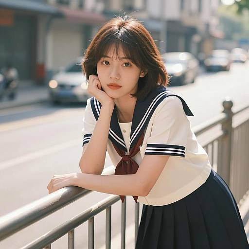 Asian Woman in Sailor Outfit Outdoors