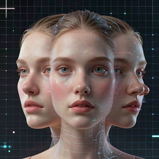 Digital CGI image of a triple-faced woman with fair skin, blue eyes, and pink cheeks, set against a dark grid background.
