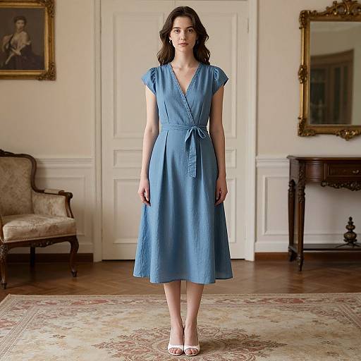 Photograph of a young woman with fair skin and dark wavy hair, wearing a blue V-neck, short-sleeve, knee-length dress,