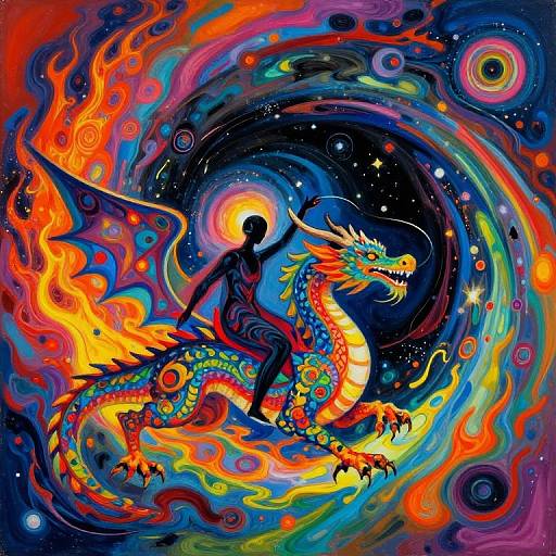 Vibrant digital artwork of a silhouetted figure riding a colorful, fiery dragon through a swirling, cosmic galaxy with black holes and stars.