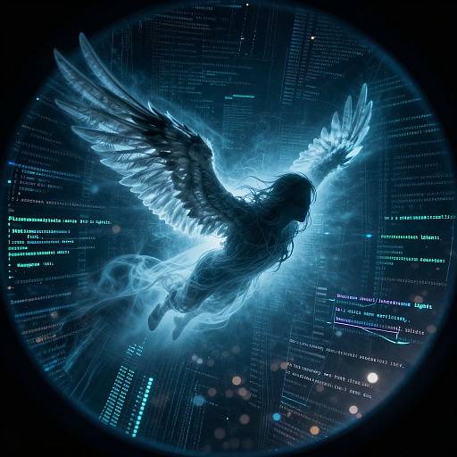 Digital art of a glowing blue angel with outstretched wings, flying through a cybernetic background filled with luminous binary code.
