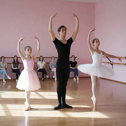 Sunlit Ballet Class with Three Dancers