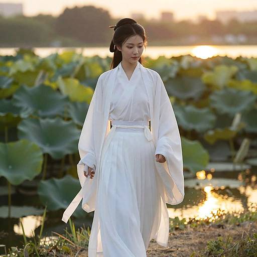 Asian woman in white traditional kimono walks through a serene pond with large green lilies at sunset, reflecting golden light.