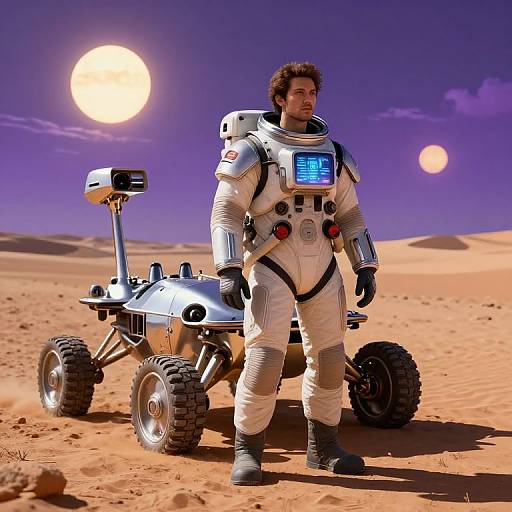 Photorealistic CGI of a curly-haired man in white space suit with blue display, standing beside robotic ATV in desert under dual suns.