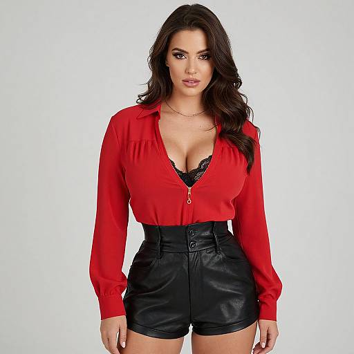 Photograph of a confident woman with long dark hair, wearing a red blouse with a deep V-neck, black lace bra, and high-waisted