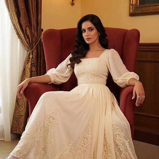 Elegant Woman in Floral Embroidered Gown