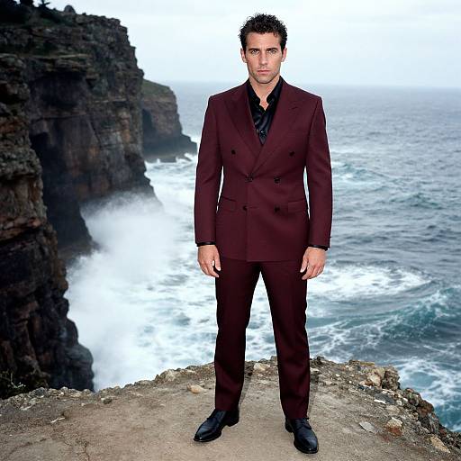 Confident Man in Burgundy Suit on Cliff