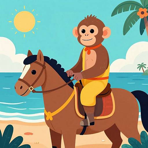 Cartoon monkey in yellow outfit riding brown horse on sunny beach with blue ocean, palm tree, and sun. Bright, playful illustration.