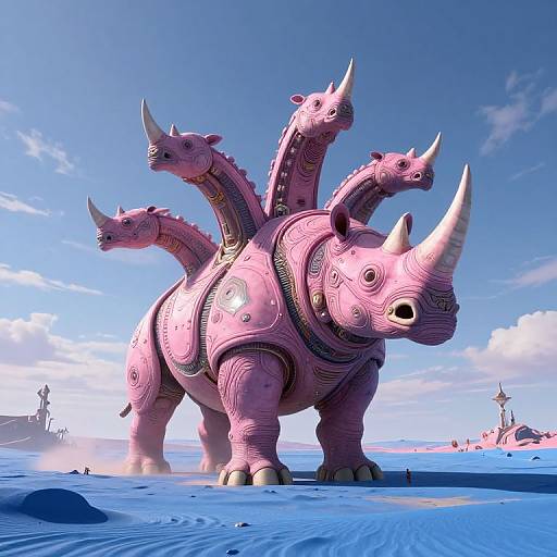 Digital artwork of a pink, three-headed rhinoceros with intricate patterns, standing in a bright blue desert with clear skies.