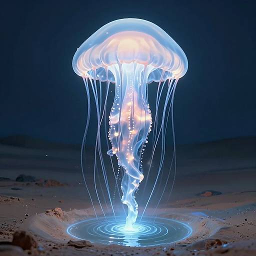 Photograph of a glowing blue and white jellyfish with translucent, flowing tentacles, illuminated against a dark, underwater background.