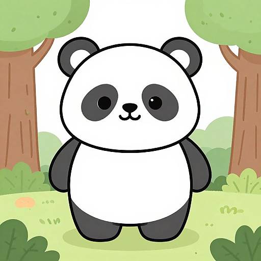 Cartoon-style drawing of a cute, round black-and-white panda standing in a sunny forest with green trees and grass.